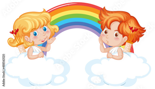 Angel boy and girl with rainbow in cartoon style
