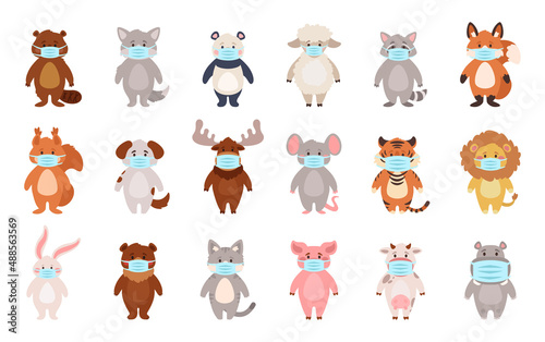 different cartoon animals wearing medical face masks