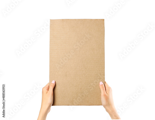 Hands holding a piece of cardboard. Isolated on a white background. Prepared for your text © OB production