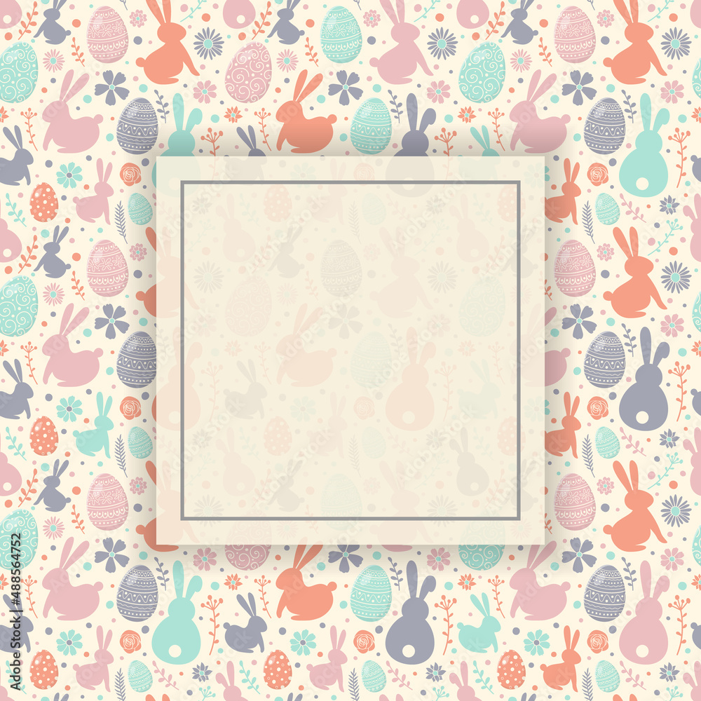 Empty Easter background with colourful eggs, bunnies and flowers. Template of postcard. Vector Empty Easter background with colourful eggs, bunnies and flowers. Template of postcard. Vector