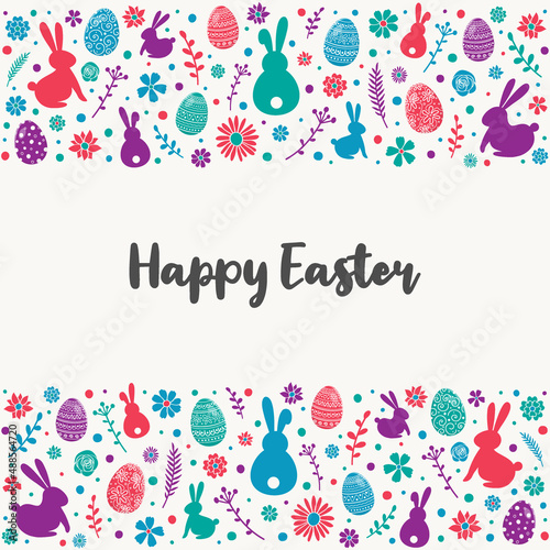 Easter composition with colourful bunnies, eggs and flowers. Greeting card. Vector