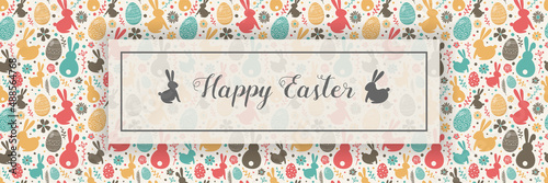 Cute bunnies, eggs and flowers on background with Happy Easter wishes. Banner. Vector
