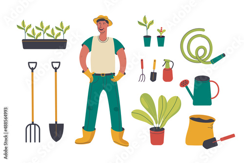 Gardener and gardening tools. Farmer or agricultural worker.