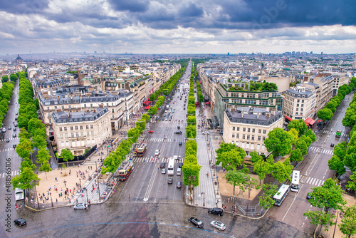 Paris, France - July 20, 2014: Aerial view of city streets from the top of Triumph Arch.