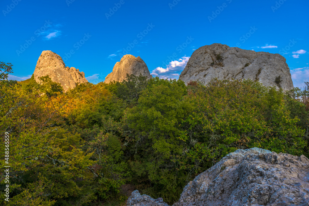 Megalithic construction (pagan temple of the sun) in the mountains of Crimea.