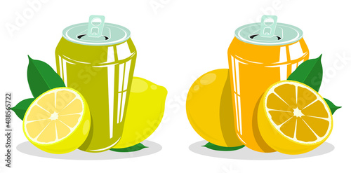 open aluminum can with carbonated drink and lemon. Refreshing cold drink for a bright summer. Cartoon vector isolated on white background