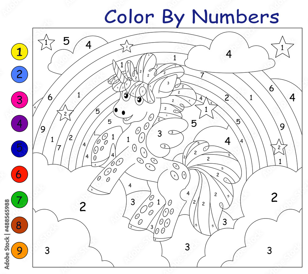 children's educational game. coloring by numbers. unicorn in clouds and rainbow.