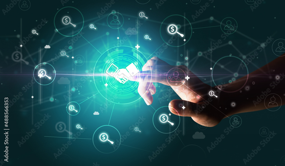 Businessman hand pressing stock graphic information on multitouch screen Businessman hand pressing stock graphic information on multitouch screen