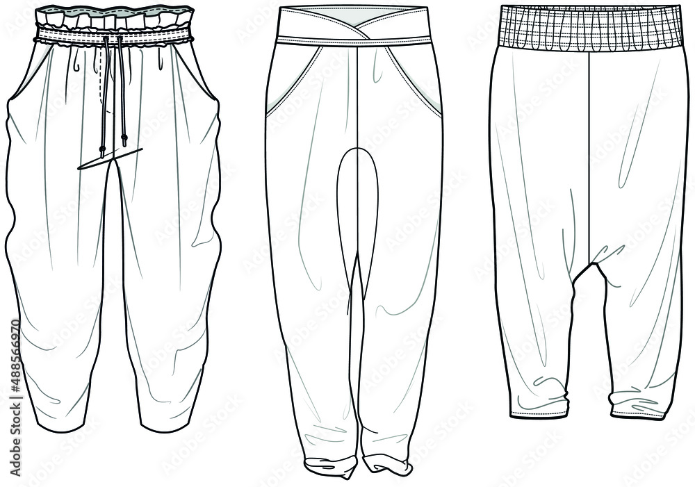 Harem Pant, Loose Fit Baggy Pant Fashion Illustration, Vector, CAD