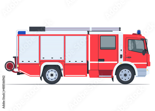 Fotografia Fire Truck Side View Flat Illustration
