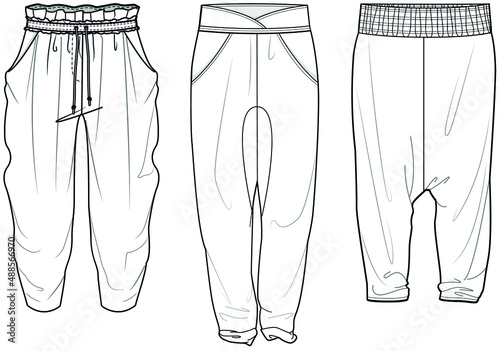 Harem Pant, Loose Fit Baggy Pant Fashion Illustration, Vector, CAD, Technical Drawing, Flat Drawing.	