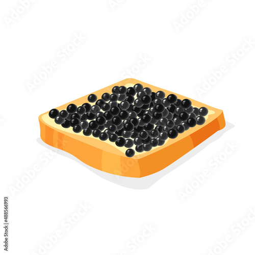 Sandwich with butter and black caviar. Fish sturgeon roe - healthy luxury delicacy. Vector illustration isolated on white background.	