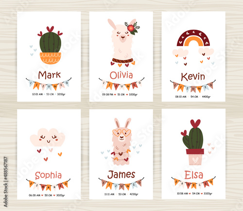 Newborn metrics collection. Baby shower invitation posters with cute llamas for girl and boy.