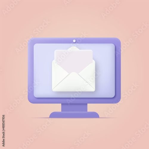 3d cartoon style computer with receiving mail. Vector