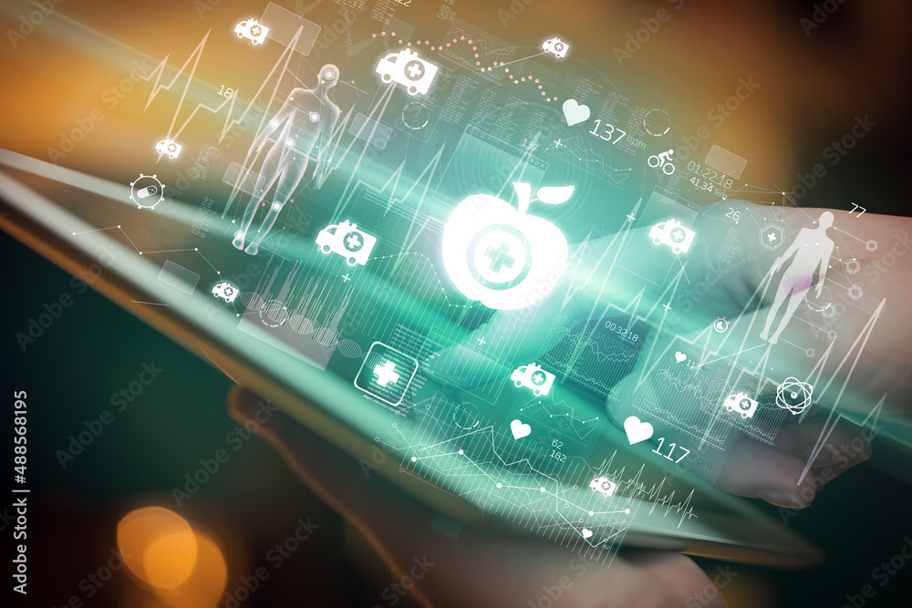 Close-up of a touchscreen with healthcare icons Close-up of a touchscreen with healthcare icons