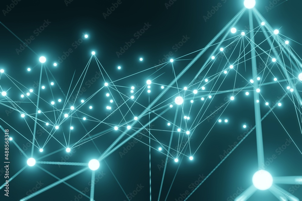 Abstract digital connection luminous dots and lines. Technology black backgound 3d illustration