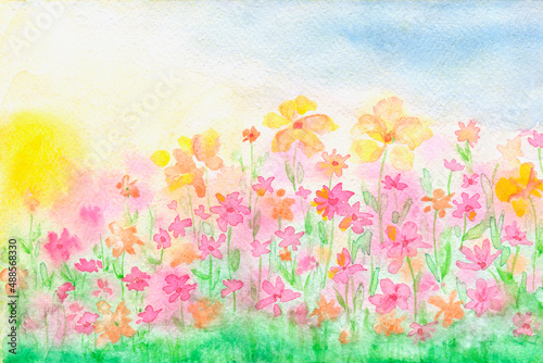 Watercolor art illustration of flowers. Picturesque landscape of flower field. Hand drawn