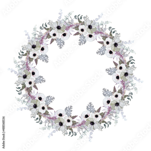 Floral wreath with white flowers and leaves