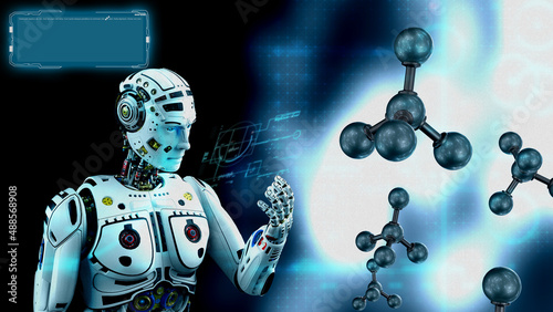 Fototapeta Naklejka Na Ścianę i Meble -  Molecular structure of silver atom and white AI Robot with technology HUD blue elements. Concept image of vaccine development, regenerative and advanced medicine. 3D illustration. 