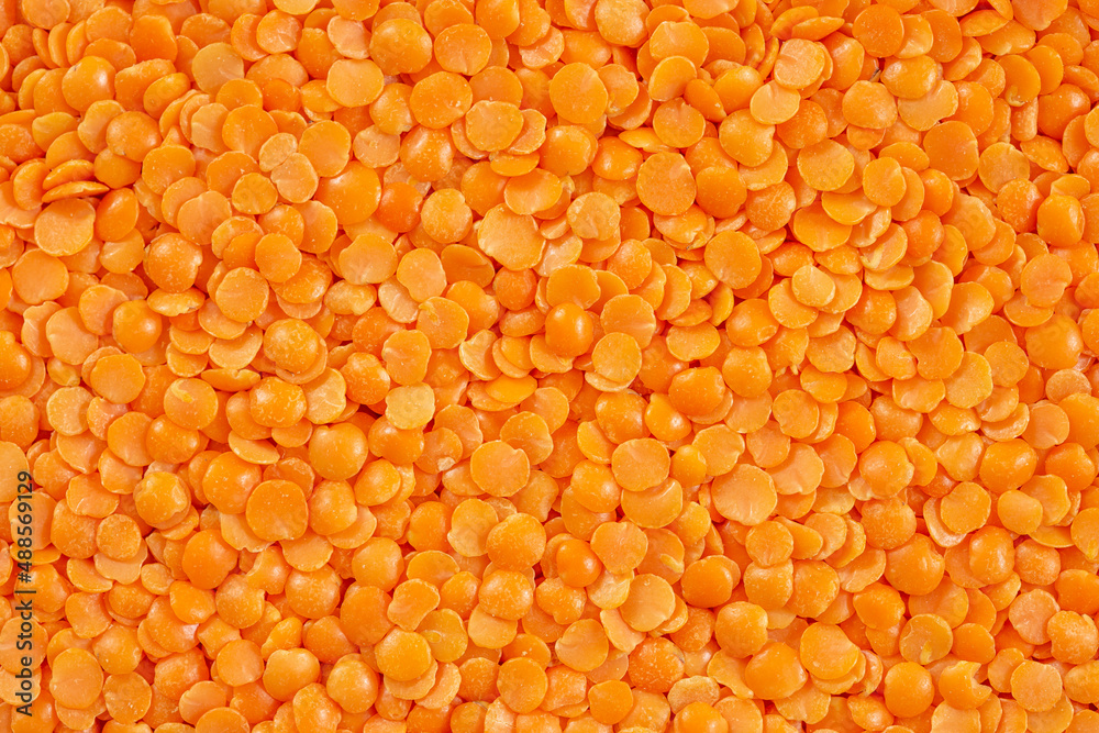 Heap of slip red lentils on a white bowl.
