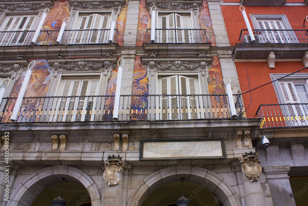 Fragment of Casa de la Panaderia at Plaza Mayor in Madrid, Spain 