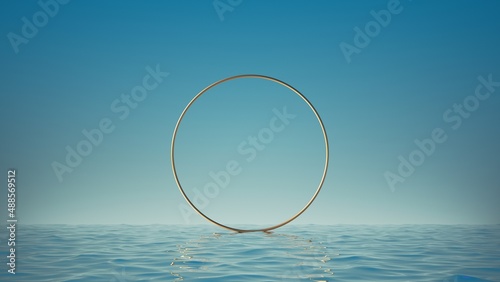3d render, Surreal seascape with golden ring in the middle of the sea. Wallpaper with blue sky above the water. Modern minimal abstract background with blank round frame © wacomka