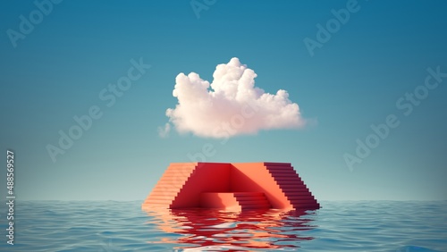 Fototapeta Naklejka Na Ścianę i Meble -  3d render, abstract minimal background with red steps empty pedestal, white cloud in the blue sky and water. Simple showcase for product presentation
