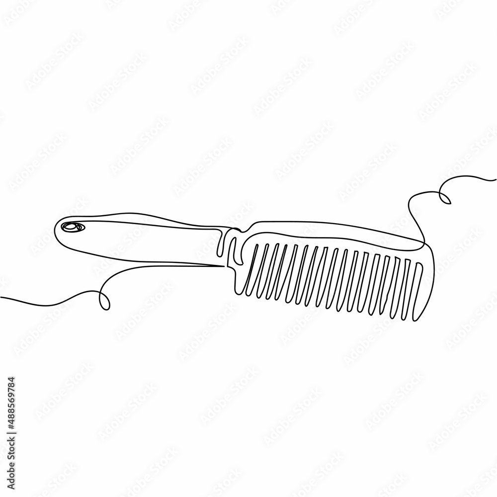 Continuous one simple single abstract line drawing of comb for hairstyle barber icon in silhouette on a white background. Linear stylized. - obrazy, fototapety, plakaty 