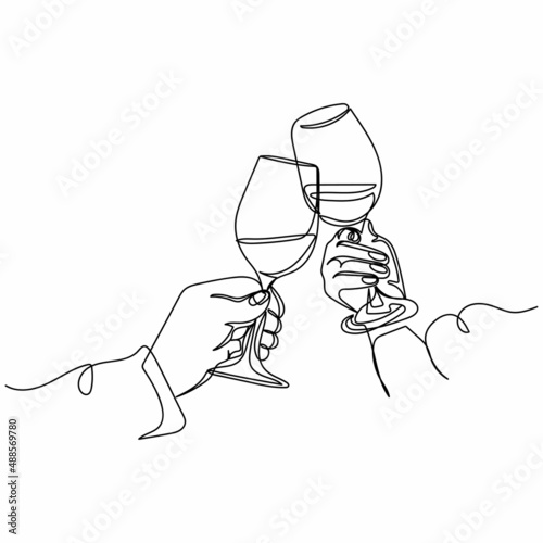 Continuous one simple single abstract line drawing of couple clinking glasses wine icon in silhouette on a white background. Linear stylized.