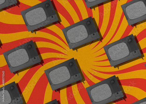 Old TVs on a red yellow psychedelic background. retro art collage
