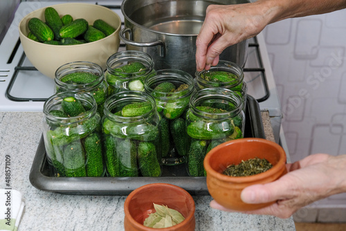 Canning cucumbers at home. Pickles jars for winter season. Organic homemade cucumber pickles.
