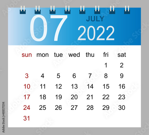 July 2022. Vector monthly calendar template 2022 year in simple style for template design. Week starts from Sunday.