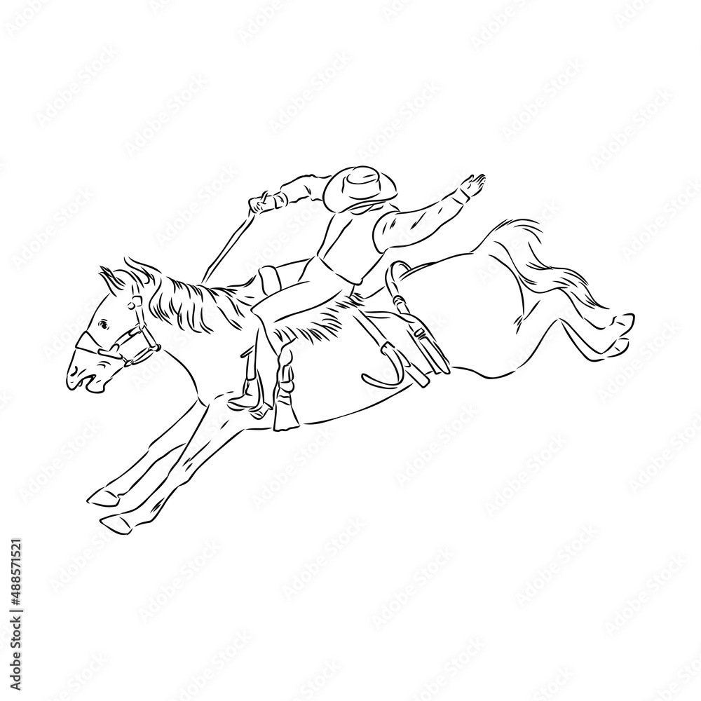 Fototapeta premium vector image of a cowboy on a wild horse mustang decorating it at a rodeo in the style of art sketches