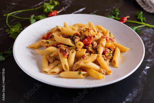 Penne with tuna and peppers. Easy and quick recipe typical of Mediterranean cuisine