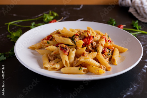 Penne with tuna and peppers. Easy and quick recipe typical of Mediterranean cuisine