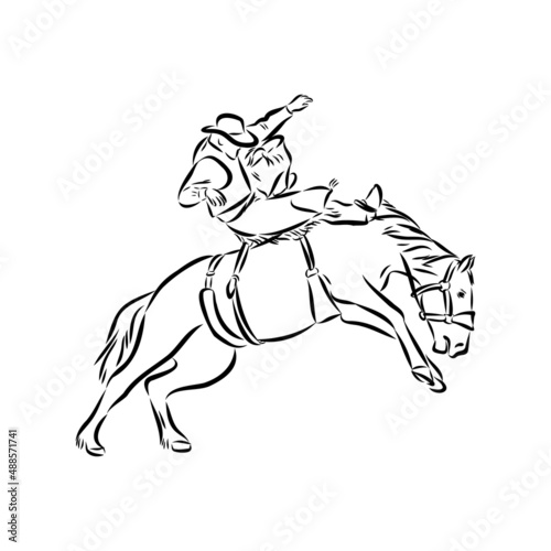 vector image of a cowboy on a wild horse mustang decorating it at a rodeo in the style of art sketches