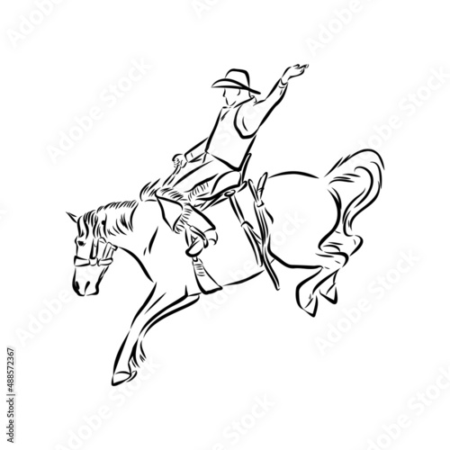 vector image of a cowboy on a wild horse mustang decorating it at a rodeo in the style of art sketches