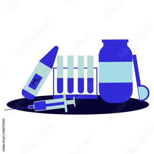 medical test tubes, syringe, thermometer and medicine bottle