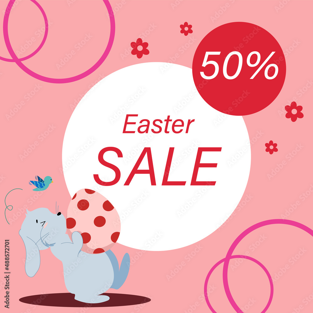 50 percent discount and a gray hare with an egg