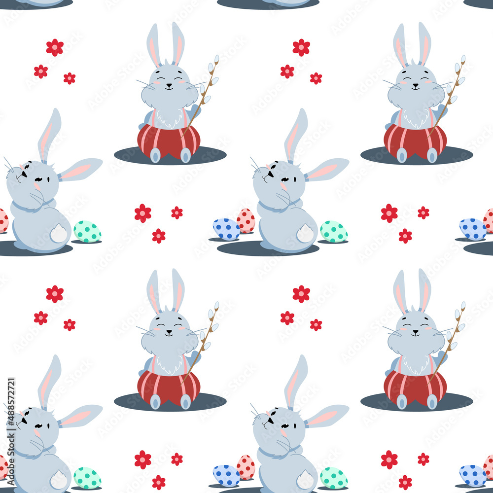 seamless pattern of easter bunnies with colored eggs
