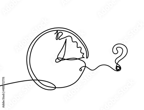 Abstract clock with question mark as line drawing on white background