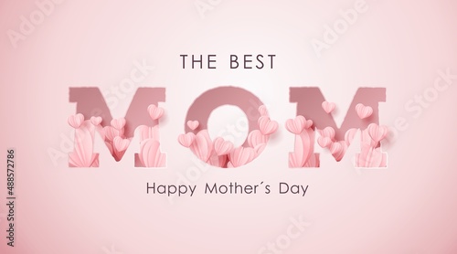 mother's day banner in pink with the word MOM flying out of the heart