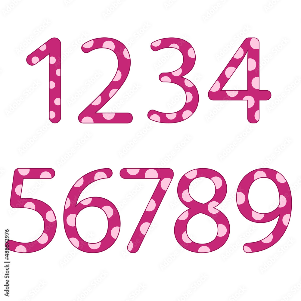 set of nine pink numbers in white polka dots