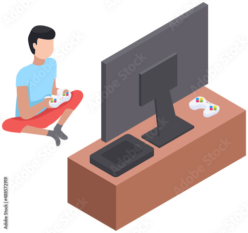 Gamer playing video game with tv screen holding gamepad controller sitting on carpet at home. Man and videogames illustration. Entertainment for adults and children with modern digital device