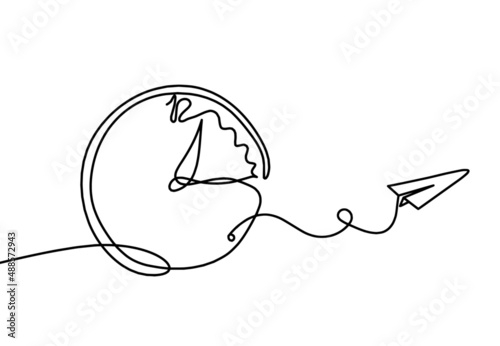 Abstract clock with paper plane as line drawing on white background. Vector