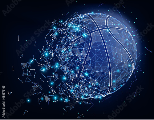 Basketball ball consisting of 3D triangles, lines, points and links. Vector illustration of EPS 10.