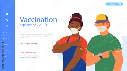 Stop coronavirus agitation concept. Vaccination promo, immunization of workers. Vaccine saves lives. People wearing protective mask showing their arm with bandage after receiving covid-19 vaccine