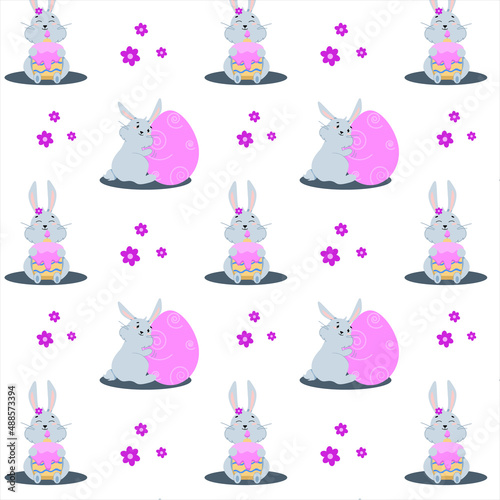 seamless pattern of gray bunnies with cupcake and egg