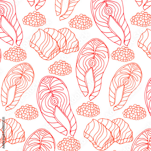 Seamless pattern with Salmon steak , conceptual sea food background, flat lay composition. Vector illustration. Good for menu cafe, restaurants, shops, market, packages.