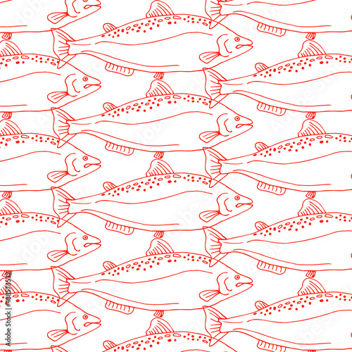 Seamless pattern with Salmon steak , conceptual sea food background, flat lay composition. Vector illustration. Good for menu cafe, restaurants, shops, market, packages.